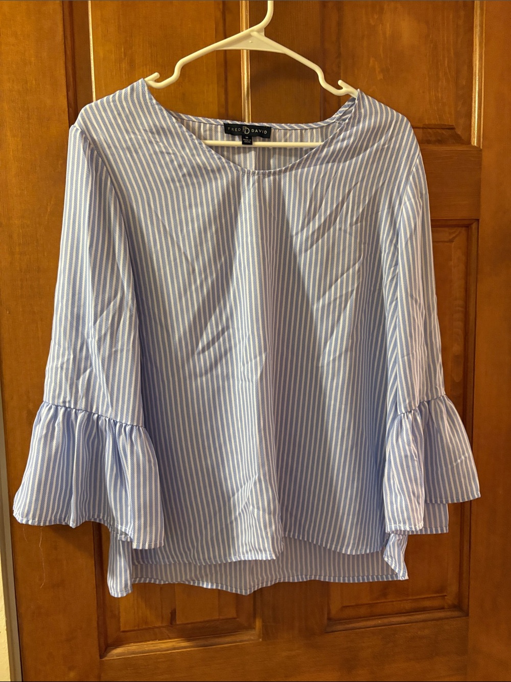 Fred David Light Blue & White Striped Ruffle-Sleeve Blouse